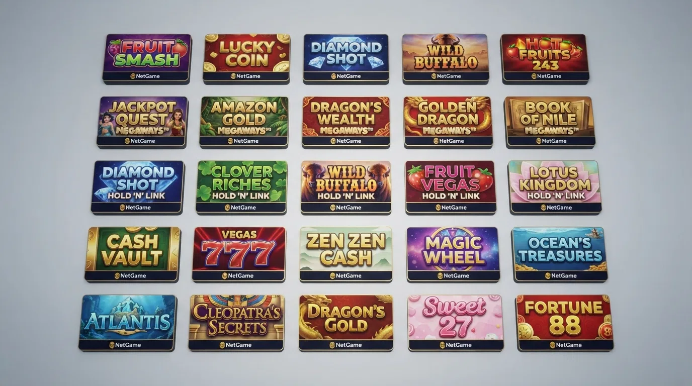 A grid of NetGame slot title cards arranged across a screen, showing the distinct visual styles from fruit classics to Megaways adventures