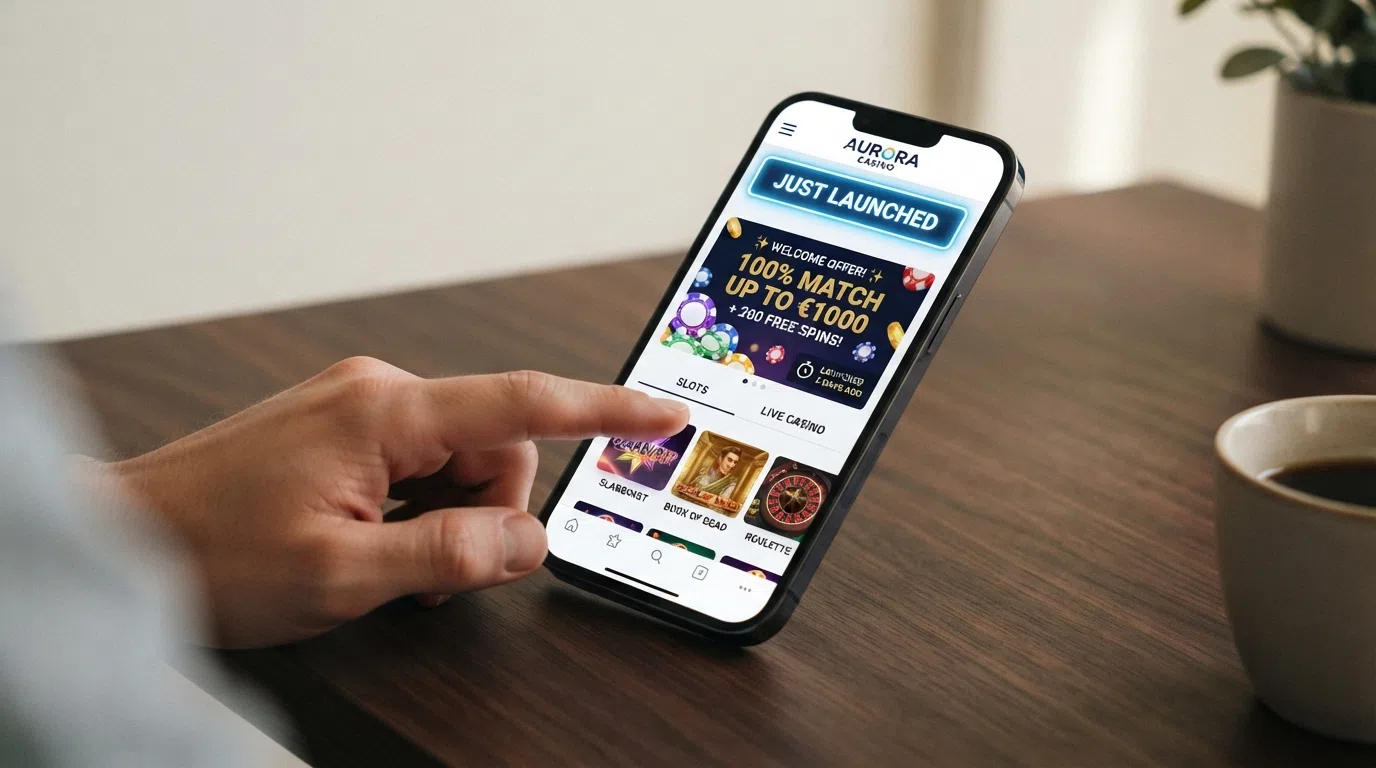A freshly designed casino homepage featuring a “Just Launched” badge, a prominent welcome-bonus banner with a large match percentage, and a calendar icon suggesting a recent opening date