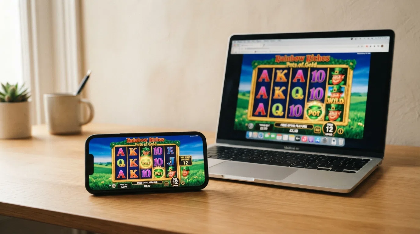 Online slot reels displayed on a desktop browser and a mobile phone screen side by side