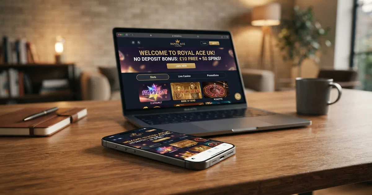 A browser window open to a UK online casino homepage, displaying a “Newest Casinos” or “No Deposit Bonus” banner beside a smartphone showing the same page
