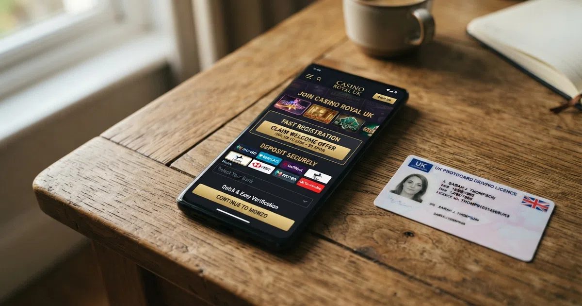 A smartphone screen showing a UK online casino lobby with a fast-registration welcome prompt and a Trustly bank-selection interface visible, photographed on a desk beside a UK driving licence