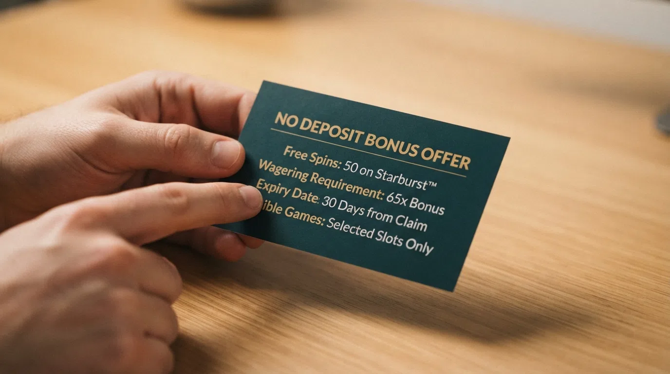 A close-up of a casino promotion card listing free-spin count, wagering requirement, expiry date, and eligible games, with a finger pointing to the wagering line