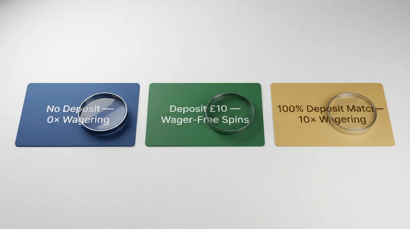 A side-by-side layout of three casino welcome-offer cards — one marked “No Deposit — 0× Wagering,” one marked “Deposit £10 — Wager-Free Spins,” and one marked “100% Deposit Match — 10× Wagering” — with a magnifying glass hovering over the wagering line on each