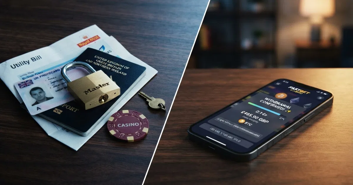 A split-frame illustration: on one side a stack of identity documents — passport, driving licence, utility bill — under a locked padlock; on the other side a smartphone screen showing a crypto withdrawal confirmation with a fast-moving progress bar.