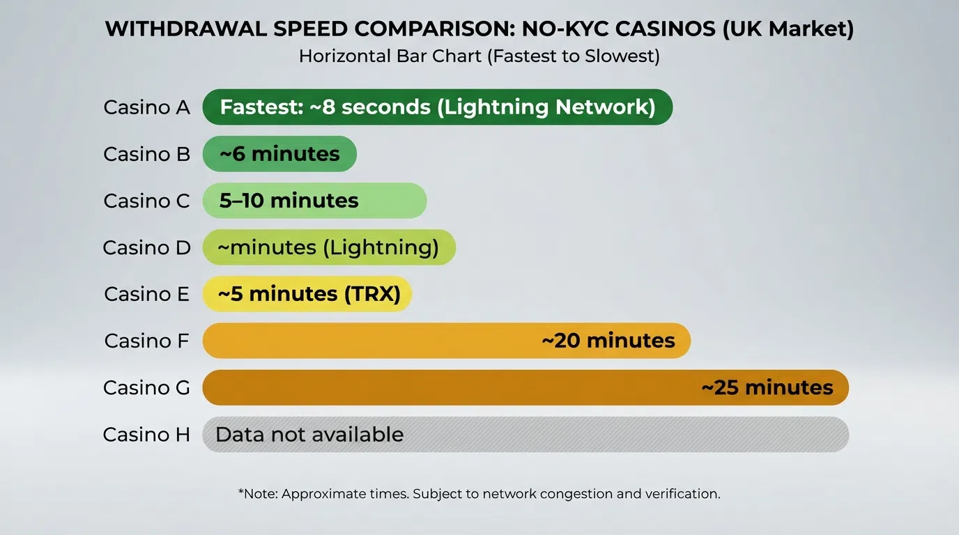 A horizontal bar chart ranking the ten featured operators by tested withdrawal speed, from BetPanda at ~8 seconds (Bitcoin Lightning) on the left through to CoinCasino at ~25 minutes (standard BTC) on the right, with Rollbit marked as data not available.