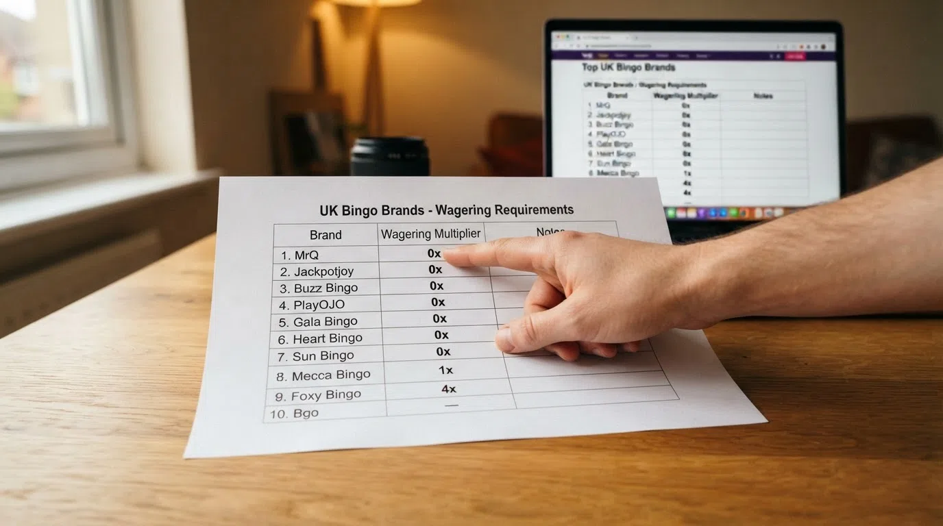 A grid of ten UK bingo brand logos arranged in ranked order, each accompanied by its wagering multiplier printed beneath — seven show “0x”, two show “1x” and “4x”, one shows an em dash