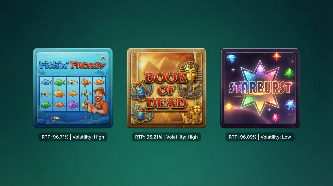 Three game tiles shown side by side for Big Bass Bonanza, Book of Dead and Starburst, each displaying its RTP percentage and volatility rating beneath the title artwork