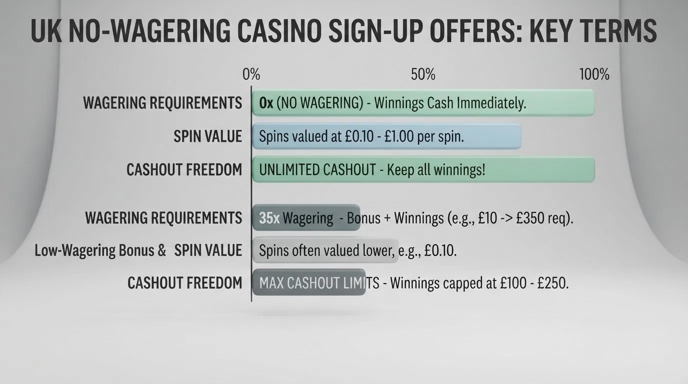 A visual summary of the comparison data — spin counts, wagering status and max-cashout caps across the featured UK operators