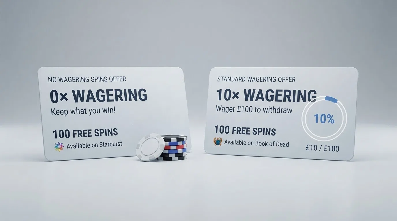 A side-by-side visual of two offer cards: one marked “0× wagering — keep what you win,” the other “10× wagering — wager £100 to withdraw”