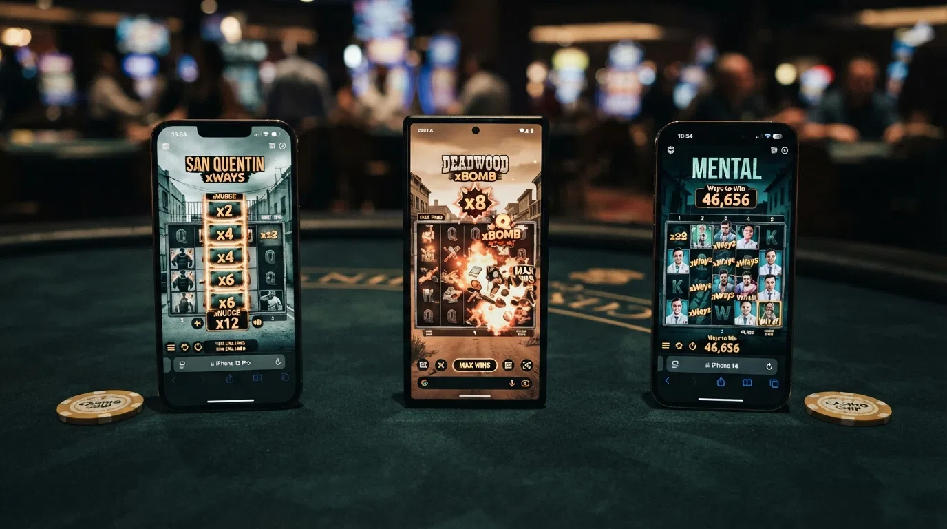 Three Nolimit City slot reels displayed side by side, each showing a signature xMechanic in action — an xNudge wild stacking on one reel, an xBomb explosion clearing the grid on another, and xWays symbols expanding on the third