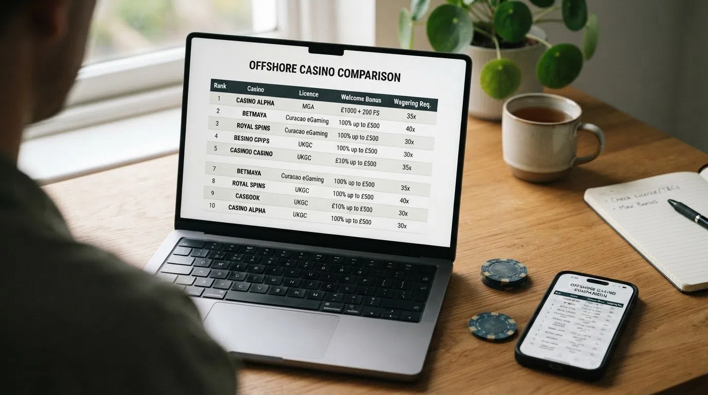A desktop view of a comparison table with casino logos, licence badges, bonus figures and wagering multiples arranged in ranked rows