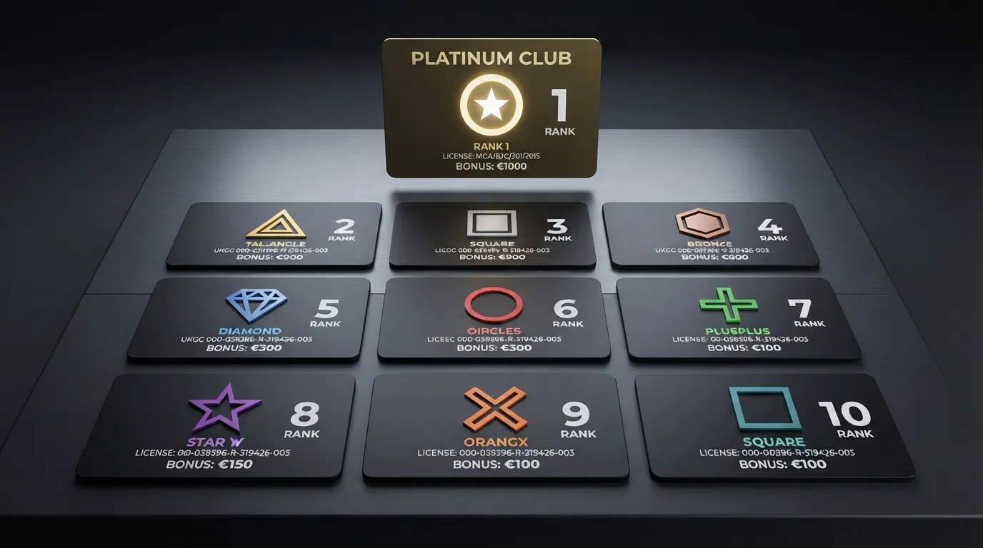 A grid of ten branded casino cards arranged in a ranked layout on a dark background, each card showing a licence badge and a bonus figure