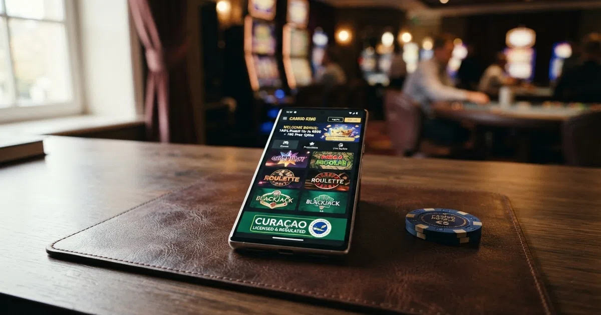 An online casino homepage with a prominent welcome-bonus banner, game-thumbnail grid and a Curaçao licence seal in the footer