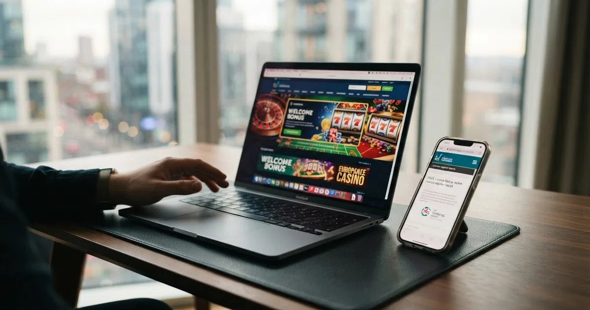 A split composition: on the left, a laptop screen showing a European online casino lobby with a roulette wheel, slot thumbnails, and a welcome-bonus banner; on the right, a smartphone displaying a UKGC licence-register search result — the two routes a UK player navigates