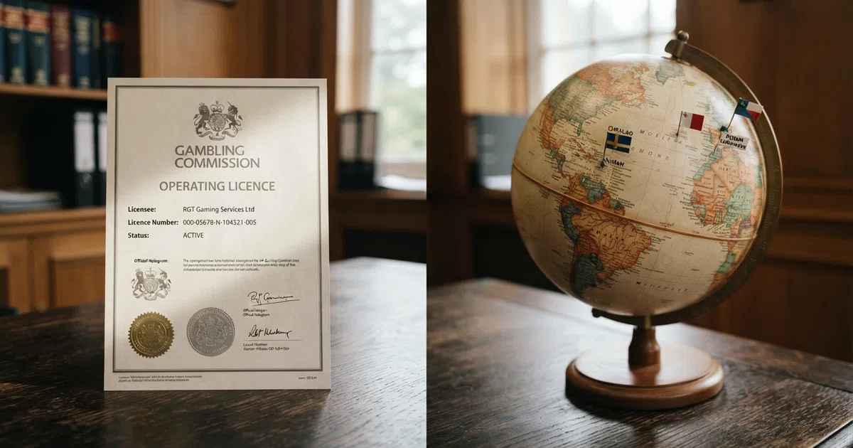 A split composition: on one side, a UKGC licence document with official seals and a padlock icon; on the other, a globe with pins marking Curaçao, Malta, Anjouan and Kahnawake — the offshore licence jurisdictions accessible to UK players
