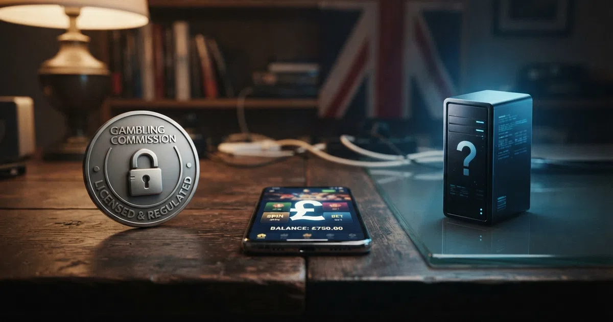 A split-frame illustration: on one side a UKGC licence badge with a padlock and the words “Gambling Commission”, on the other an offshore server icon with a question mark, a British player's screen between them