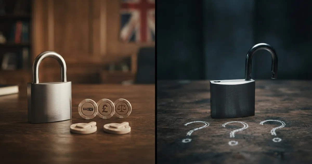 A split-frame illustration: one side shows a padlock icon with the UKGC logo and checkmarks for GAMSTOP, stake limits and ADR; the other side shows an open padlock with question marks.