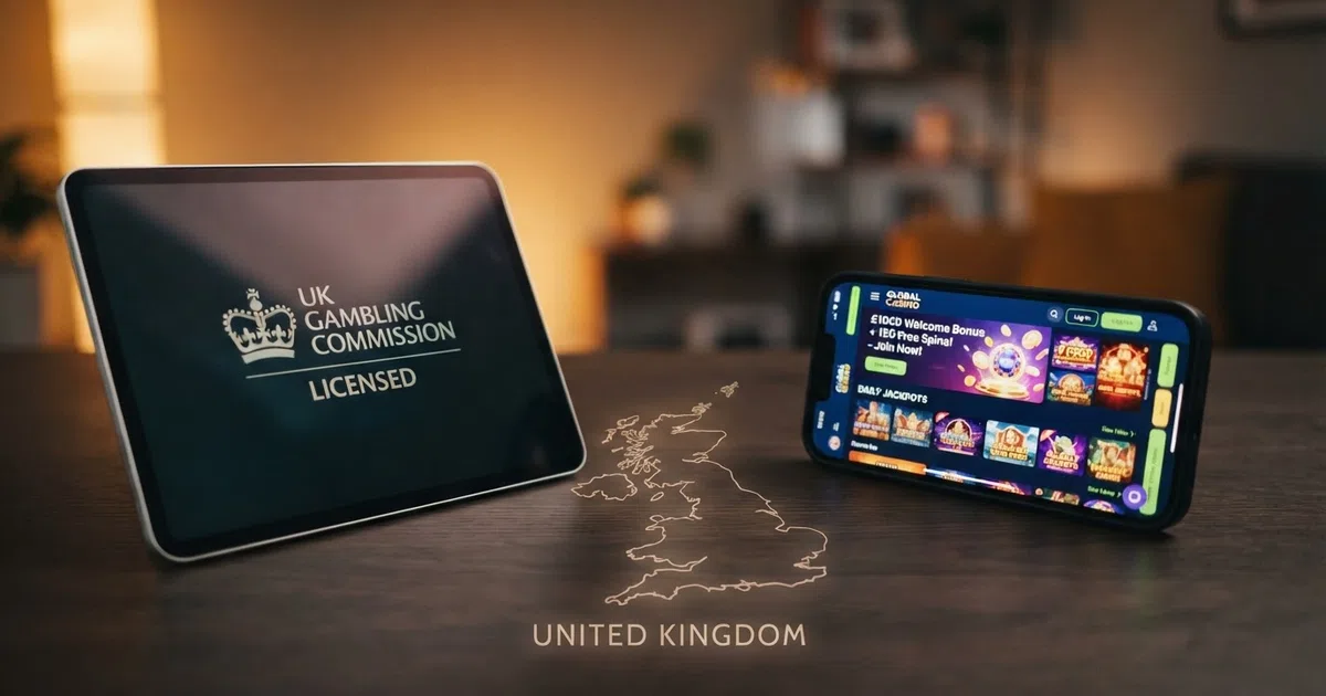 A split composition: on the left, a UKGC licence badge and the Gambling Commission logo displayed on a screen; on the right, a generic offshore casino landing page showing a welcome-offer banner, the two sides divided by a subtle outline of the United Kingdom