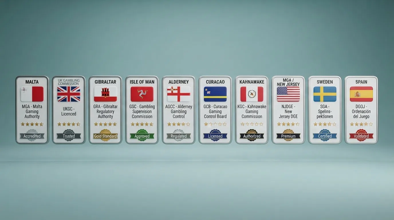 A row of ten illustrated operator cards arranged left to right, each showing its licence flag, welcome-bonus badge and a star rating, with the strongest-licenced operators on the left