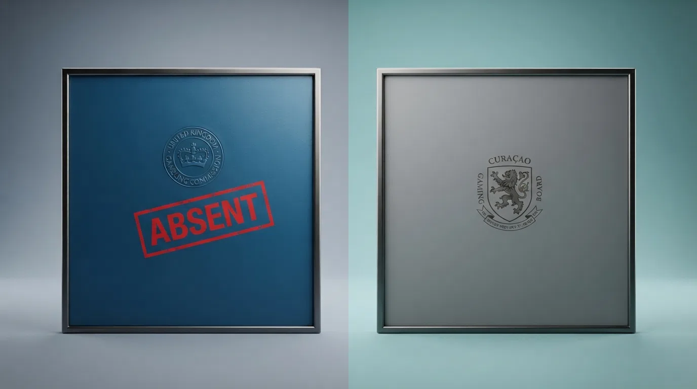 A split-view comparison showing a UK Gambling Commission licence certificate on one side and a Curaçao Gaming Control Board licence on the other, the UK side marked as absent for the featured operators