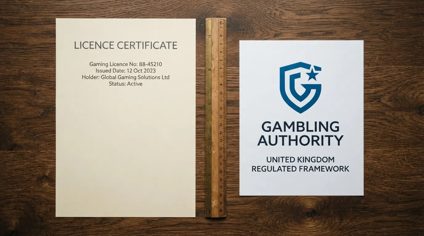 A Curaçao eGaming licence certificate beside a UK Gambling Commission logo with a visual divider between them