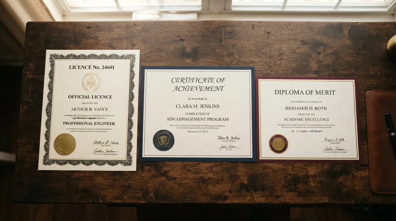 Three official-looking licence certificates laid side by side, each bearing a different jurisdiction's seal — one from Curaçao, one from Anjouan and one generic data-processing certificate