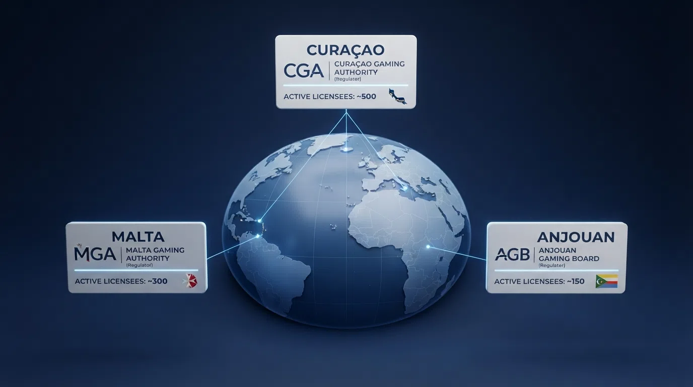 A map of the Atlantic and Mediterranean showing the three dominant offshore licensing jurisdictions — Curaçao, Malta and Anjouan — with callouts naming the regulator and number of active licensees for each