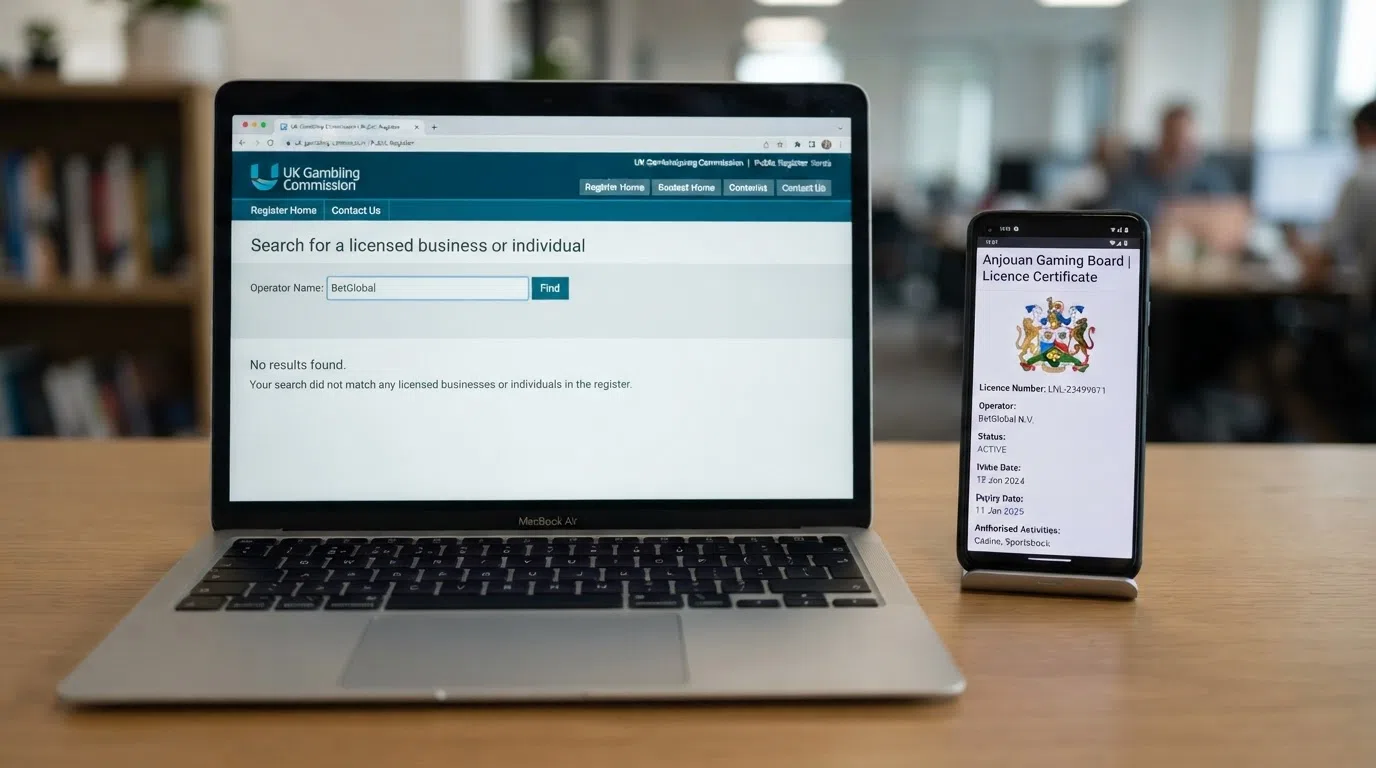 A UK Gambling Commission public-register search screen showing "no results found," placed next to an Anjouan licence certificate