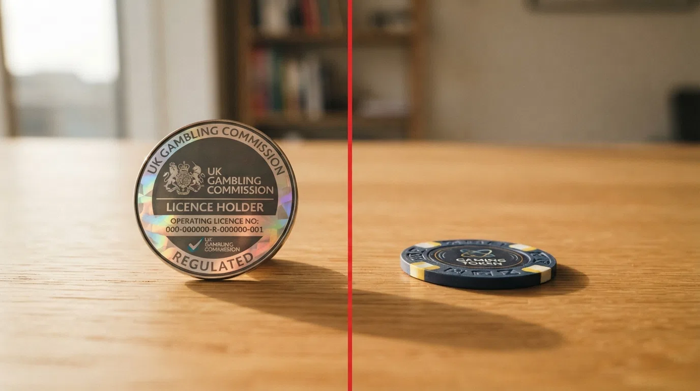 A UKGC licence badge on one side of a dividing line and a Bitcoin symbol on the other, with a red cross between them