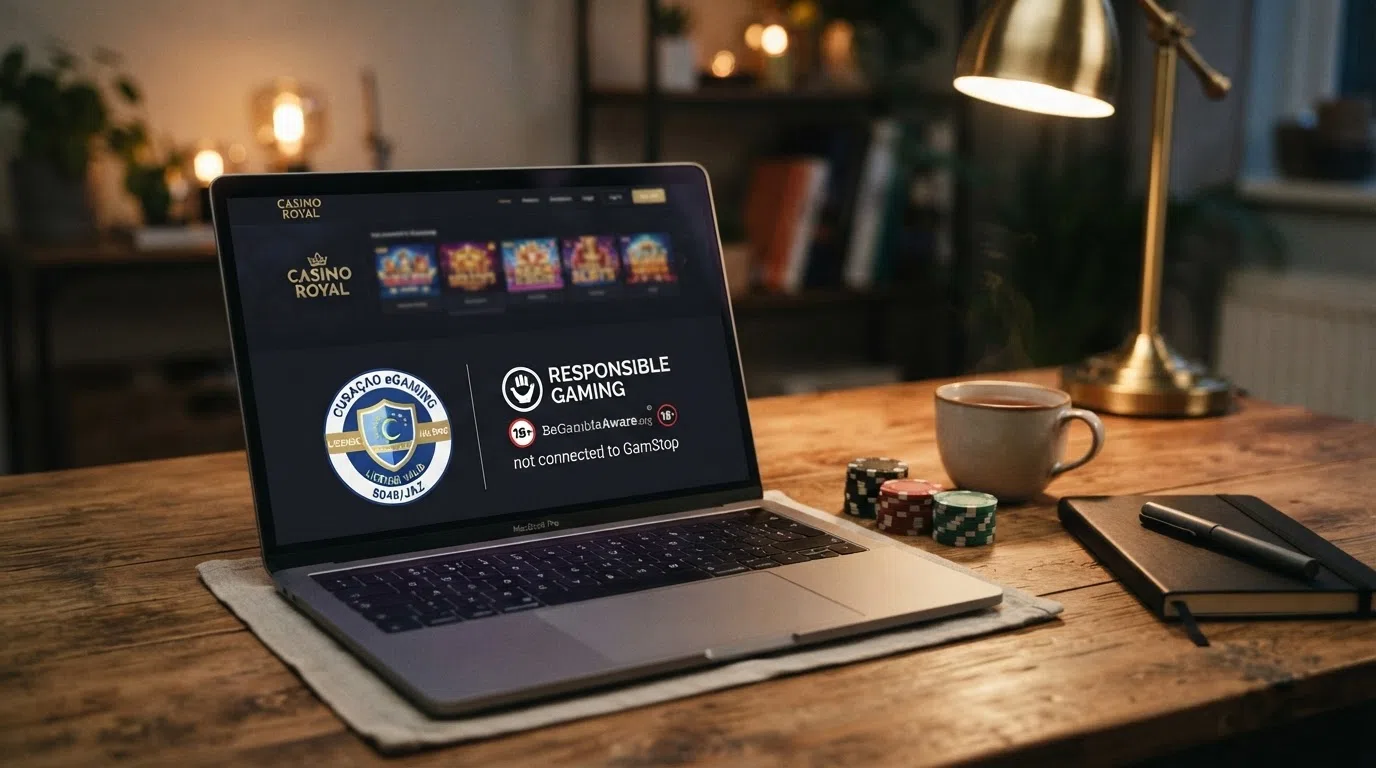 A casino website footer displaying a Curaçao eGaming licence badge, a responsible-gambling logo, and text reading “not connected to GamStop”