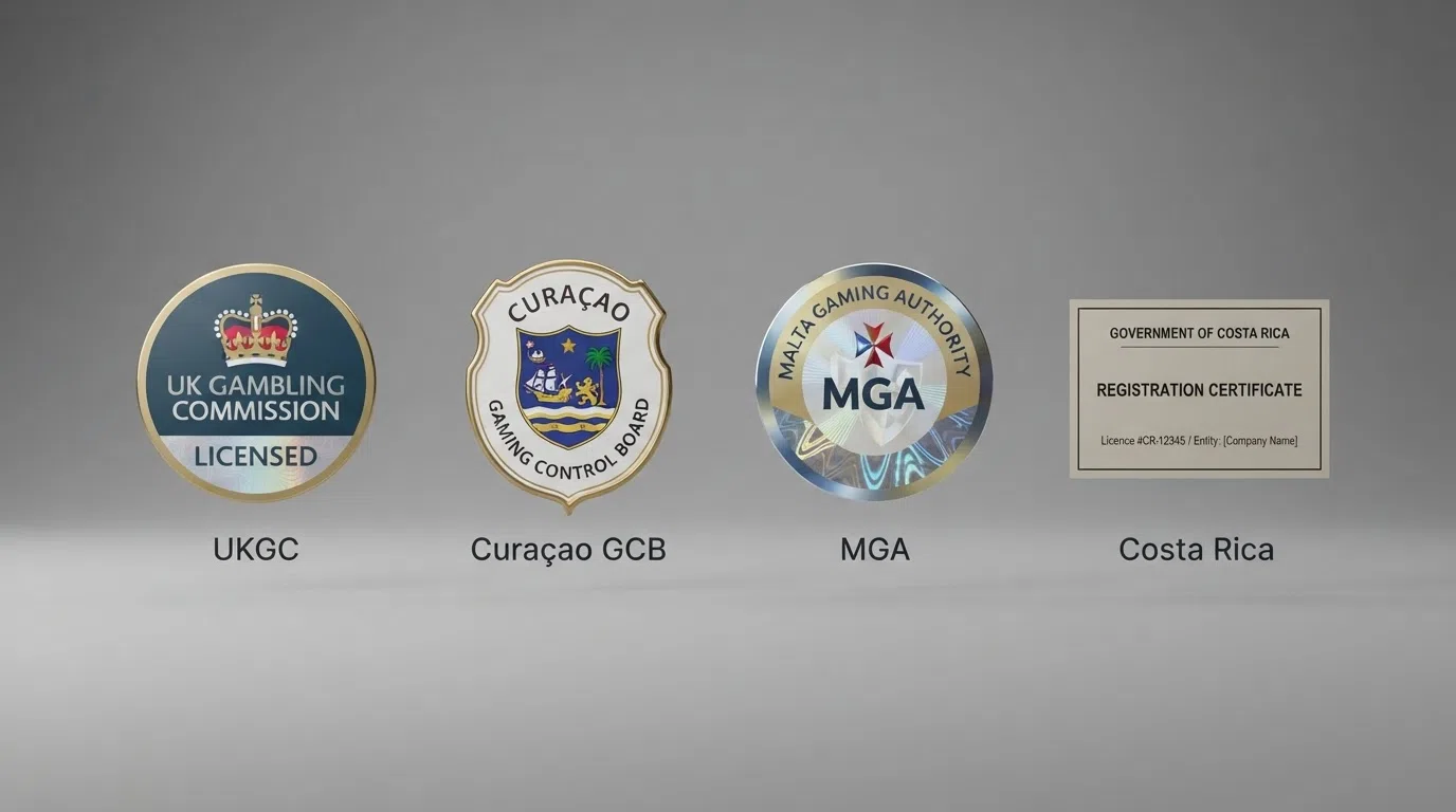 Four gambling licence seals side by side: UKGC, Curaçao eGaming, MGA and a blank Costa Rica registration certificate, each with its jurisdiction name beneath