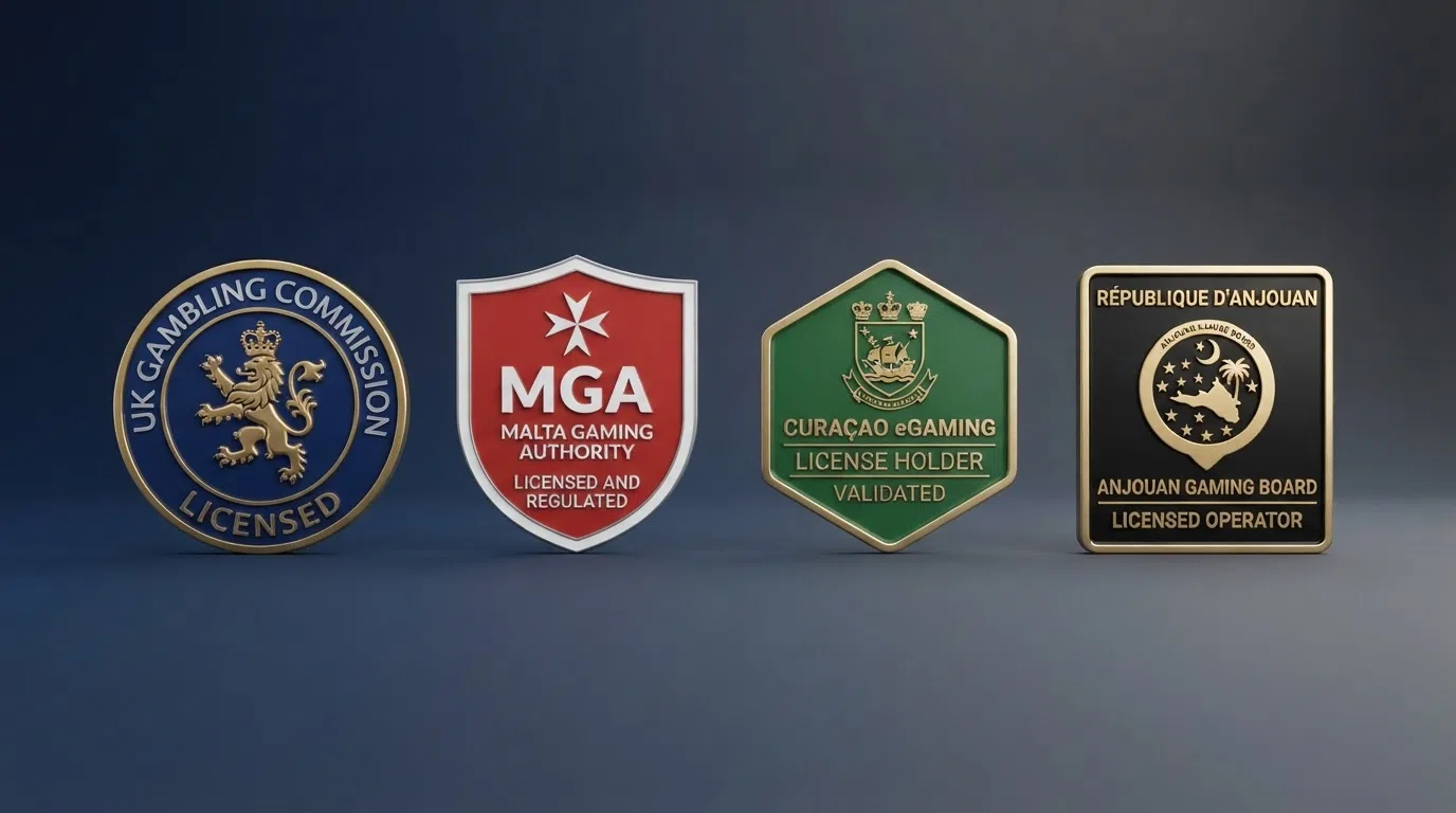 Four casino website footers shown side by side, each displaying a different licence badge: UKGC, MGA, Curacao, and Anjouan