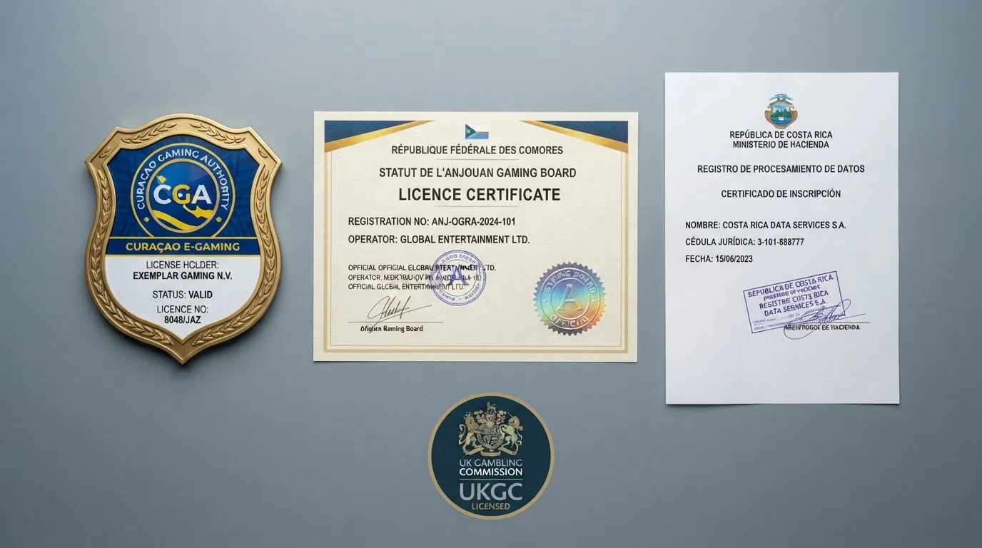 Three licence certificates displayed side by side — Curaçao Gaming Authority, Anjouan, and a Costa Rica data-processing registration — with the UKGC badge shown separately beneath them as a standard of comparison