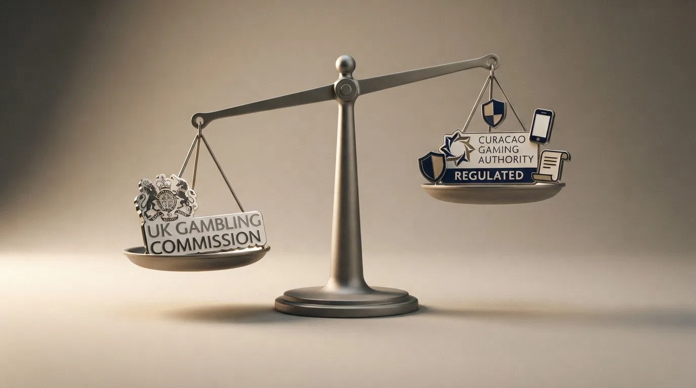 A scale weighing a UKGC badge on one side against a Curacao Gaming Authority badge on the other, with player-protection icons (a shield, a phone, a document) tilting the balance toward the UKGC side