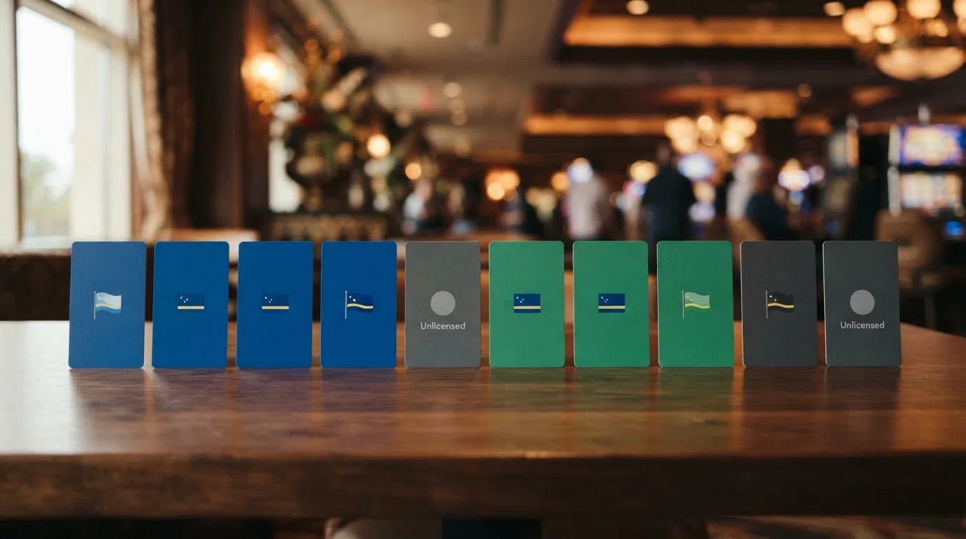 Ten operator cards in a row, each carrying a different licence flag or an unlicensed label