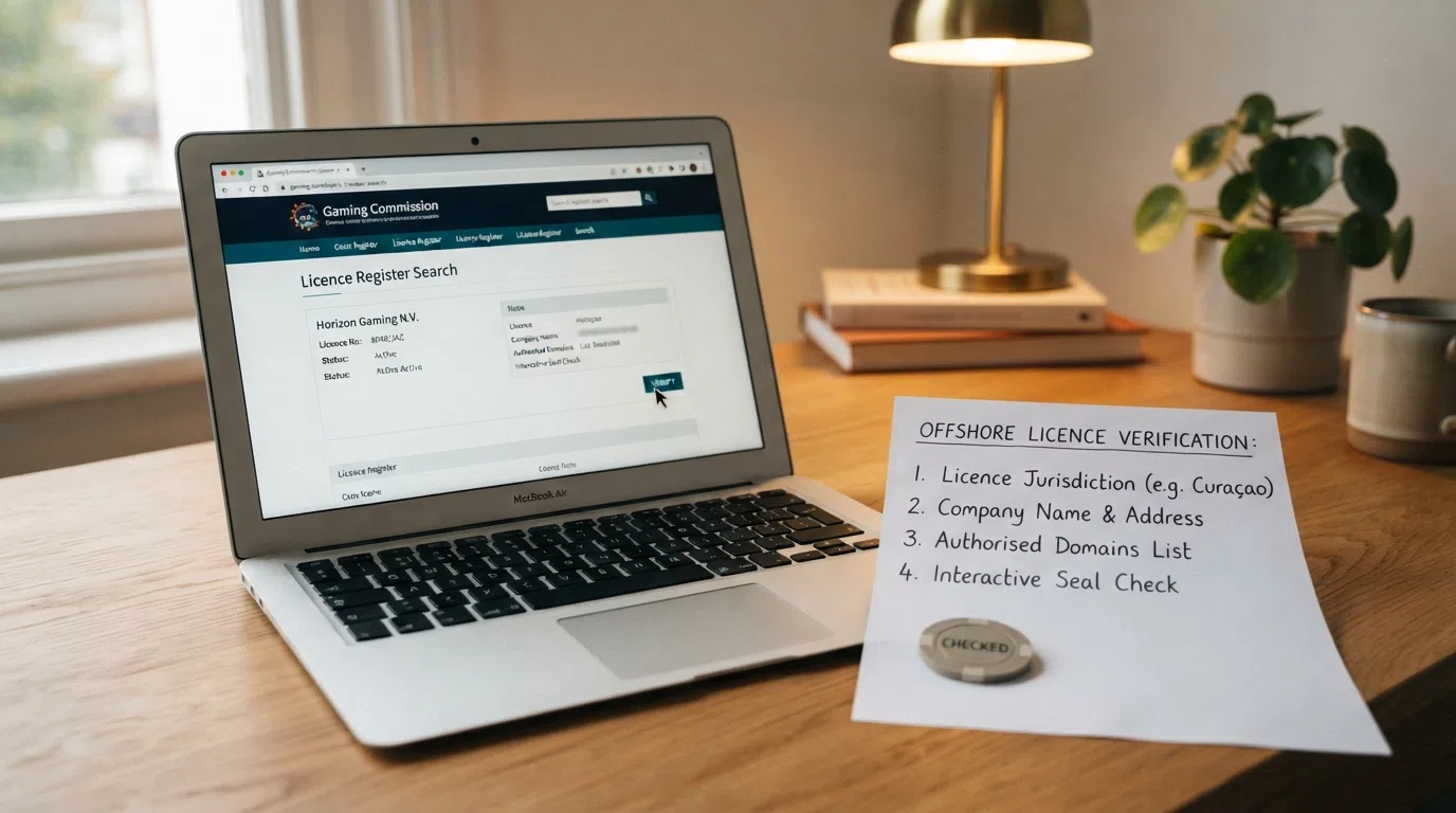 A laptop screen showing a regulator's licence register search page with the cursor over a “verify” button, beside it a list of the four checks every player should run before depositing