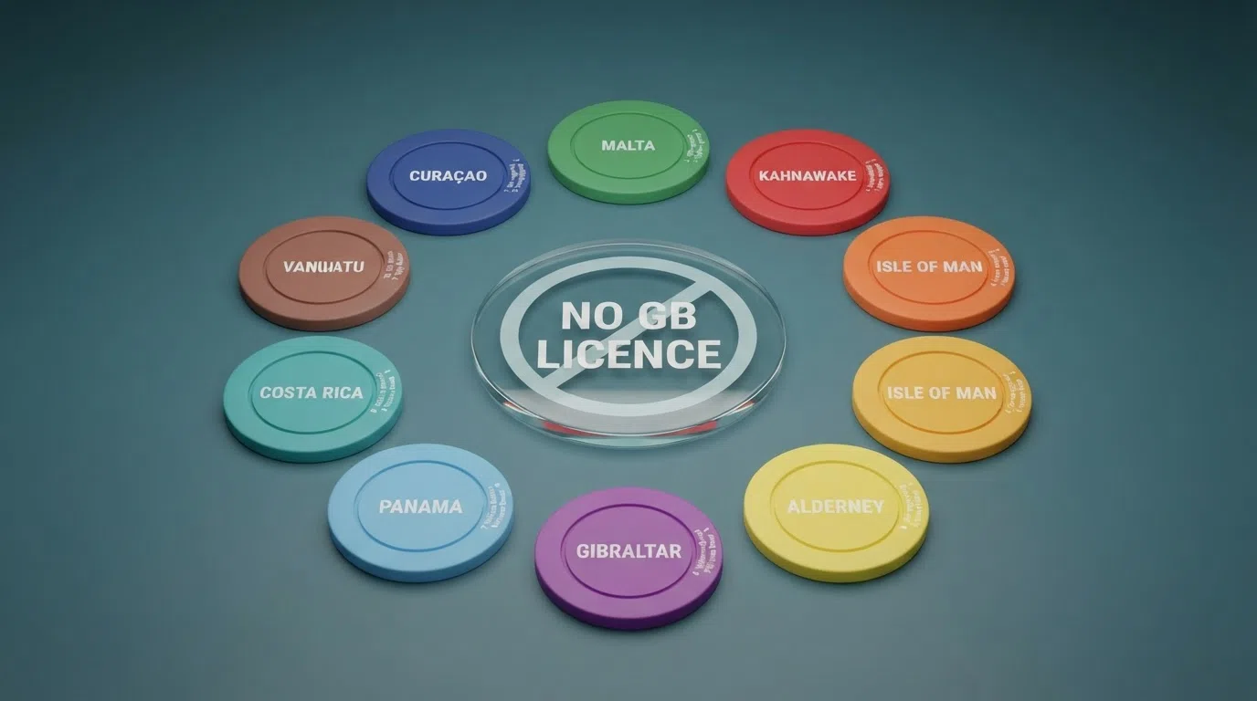 A visual summary of the ten featured operators arranged around a central “no GB licence” marker, each flagged with its offshore jurisdiction where known and its headline offer trait where sourced