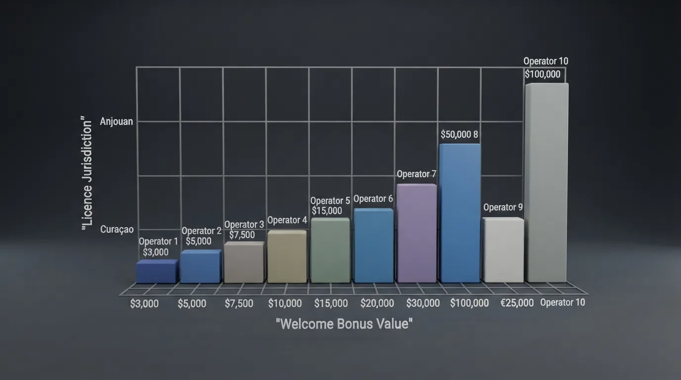 A bar or grid comparison visual showing the ten featured operators arranged by licence jurisdiction and welcome bonus value