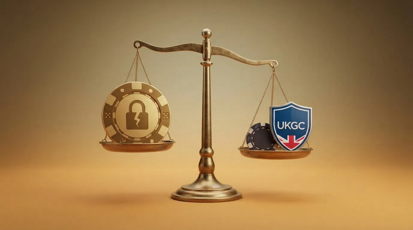 A balance-scale graphic: on the left pan, a larger bonus chip beside a broken padlock; on the right pan, a smaller bonus chip beside an intact UKGC shield, the scale visibly tipping toward the protected side