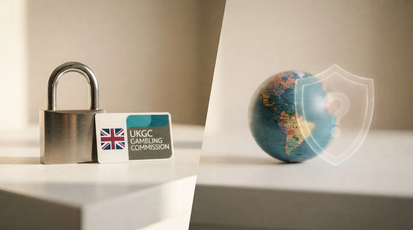 A split visual — one side showing the UKGC licence badge, GamStop logo, and a padlock labelled "Consumer Protection"; the other side showing a globe icon labelled "Offshore Licence" with a question mark over a shield