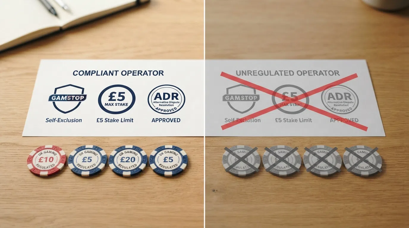 A split visual — one side showing UKGC protection icons (GAMSTOP logo, £5 stake cap, ADR symbol) and the other side showing the same icons greyed out or crossed through