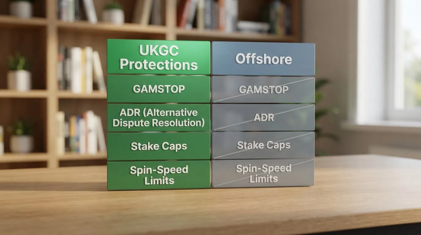A two-column comparison: the left column lists UKGC protections (GAMSTOP, ADR, Commission complaints, statutory stake caps) in green; the right column shows the same items greyed out under an offshore flag