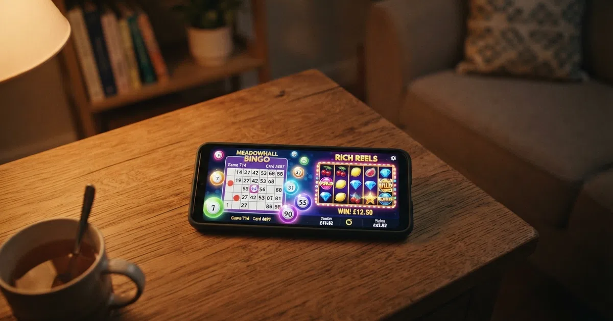 A split-screen composition showing a colourful online bingo card with numbered balls on one side and a row of slot reels on the other, lit by the warm glow of a desktop screen