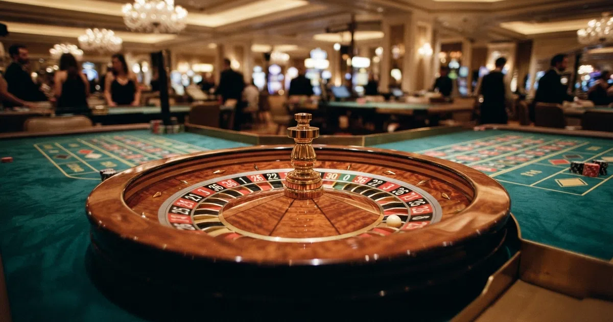 An American roulette wheel showing the 38 numbered pockets with both the single zero and double zero in green, on a casino table felt