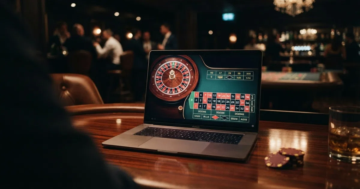 A European roulette table with the single-zero wheel visible on the screen of a laptop, set against a dark casino-themed background