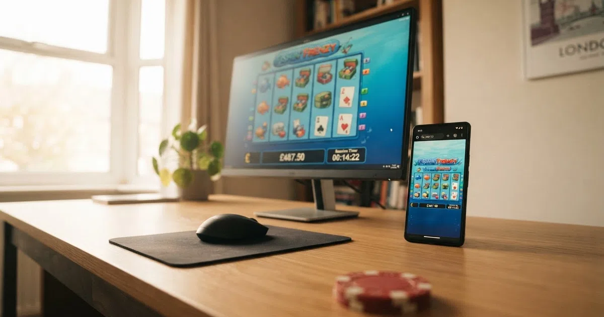 A desktop and smartphone screen side by side showing a UK online casino slot game interface with a spin button, reels displaying symbols, a balance in British pounds, and a session timer visible