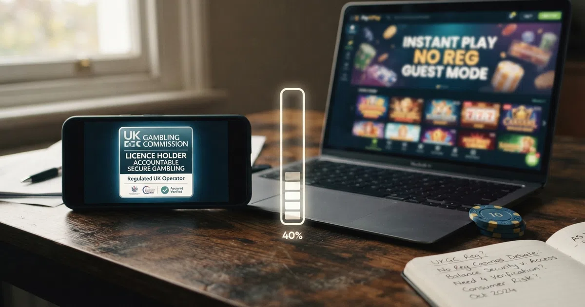 A split-frame composition showing a smartphone displaying a UKGC licence badge on one side and a blurred casino lobby on the other, with a progress-bar icon suggesting instant access.
