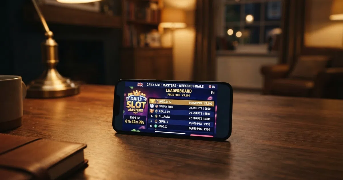 A slot tournament leaderboard on screen showing player positions, scores and a countdown clock