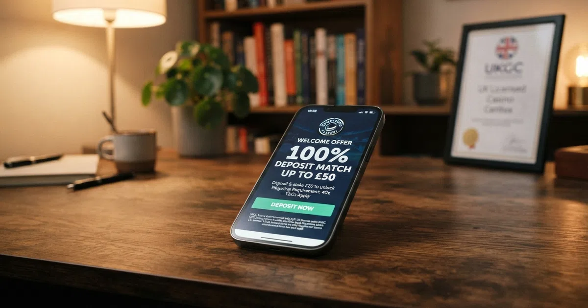 A UK-licensed online casino welcome page displaying a 100% deposit match bonus offer with the wagering requirement, validity window and a prominent deposit button