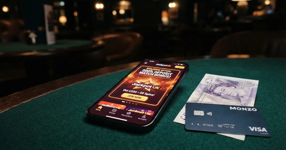 A smartphone displaying a UK online casino welcome screen with a highlighted deposit-match bonus banner, beside a British £20 note and a debit card on a dark green baize surface